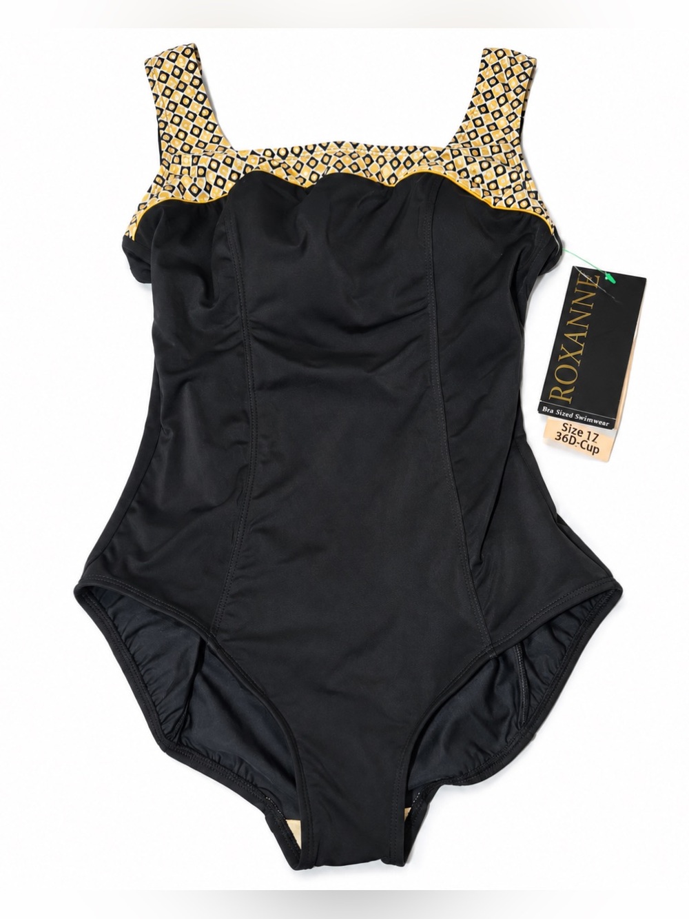 Roxanne Square Neck Maillot Swimsuit Women size 12 36D Black Gold New One Piece